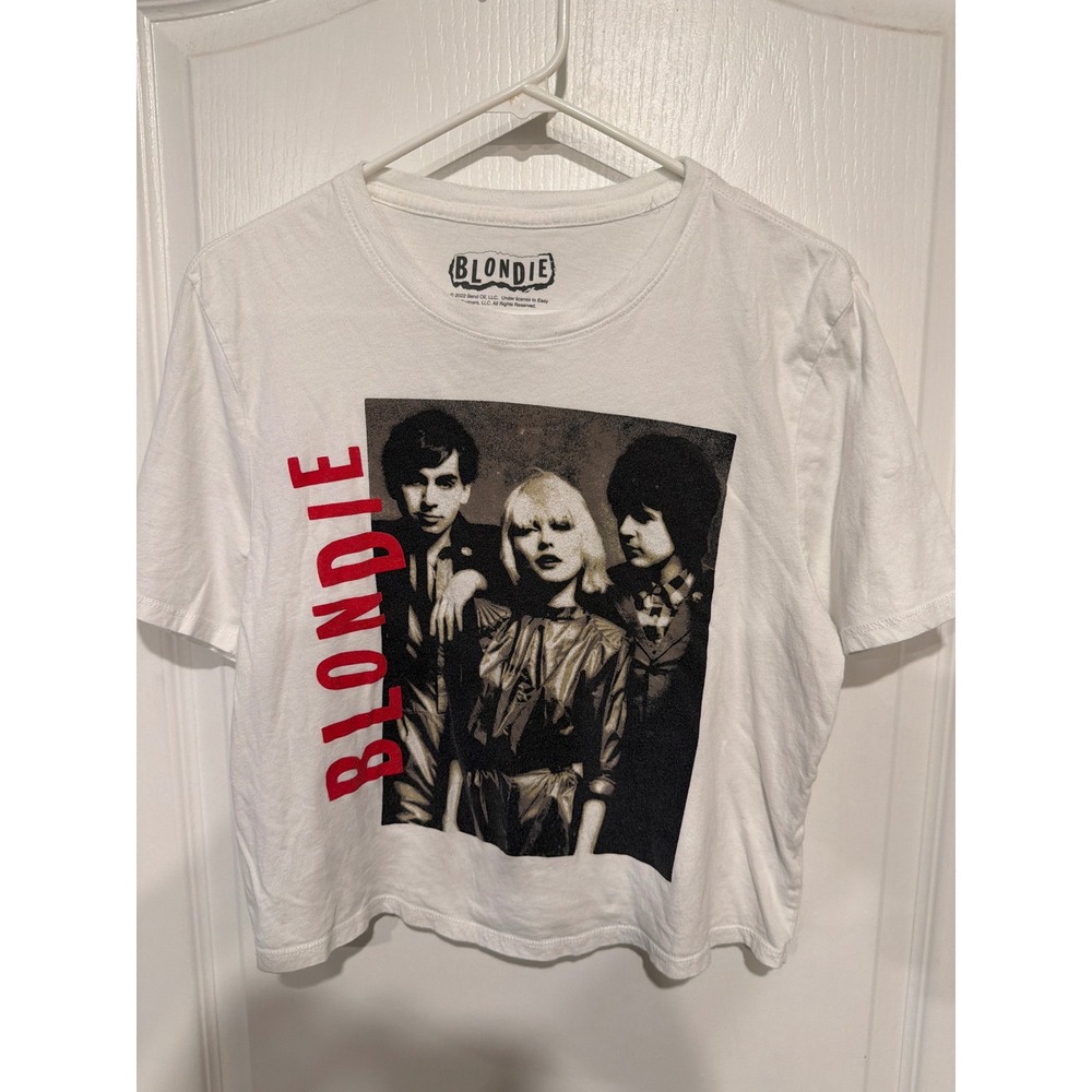 Blondie Band T-Shirt Womens Medium White Graphic Crop Top Debbie Harry Punk Rock